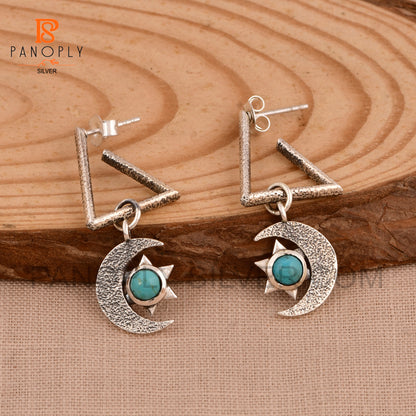 925 Silver Charm Star & Half-Moon Turquoise Triangle Drop Earrings