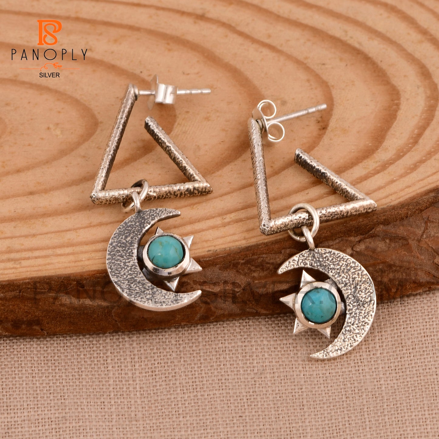 925 Silver Charm Star & Half-Moon Turquoise Triangle Drop Earrings