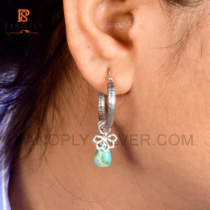 Real Kingman Turquoise 925 Silver Drop with Flower Charm Earring