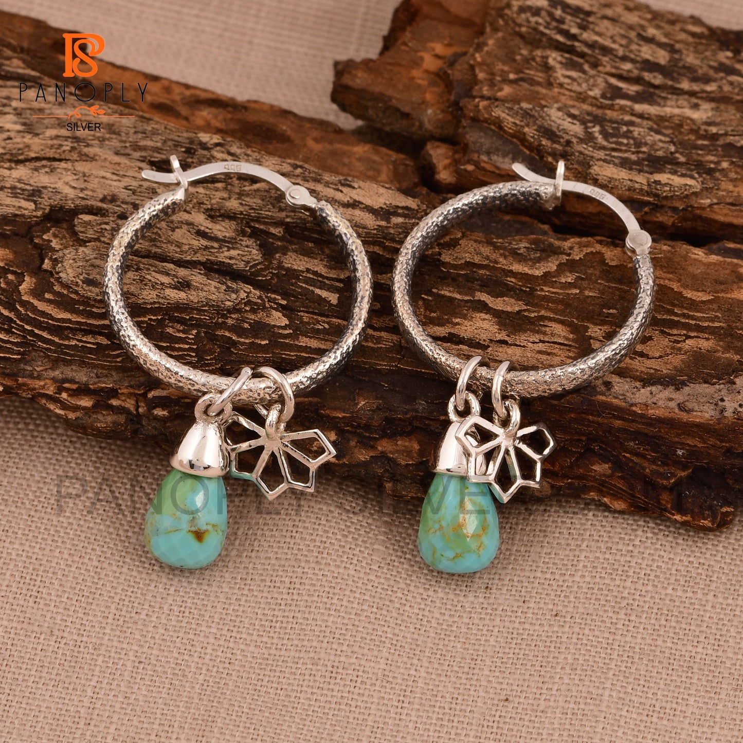 Real Kingman Turquoise 925 Silver Drop with Flower Charm Earring