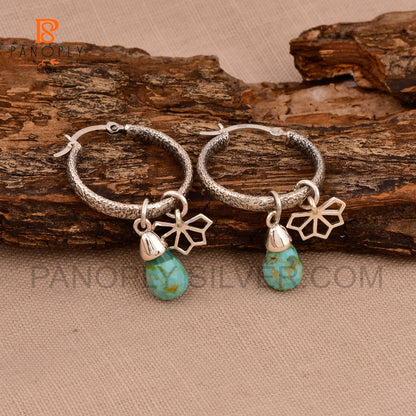 Real Kingman Turquoise 925 Silver Drop with Flower Charm Earring