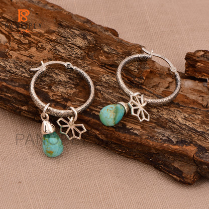 Real Kingman Turquoise 925 Silver Drop with Flower Charm Earring