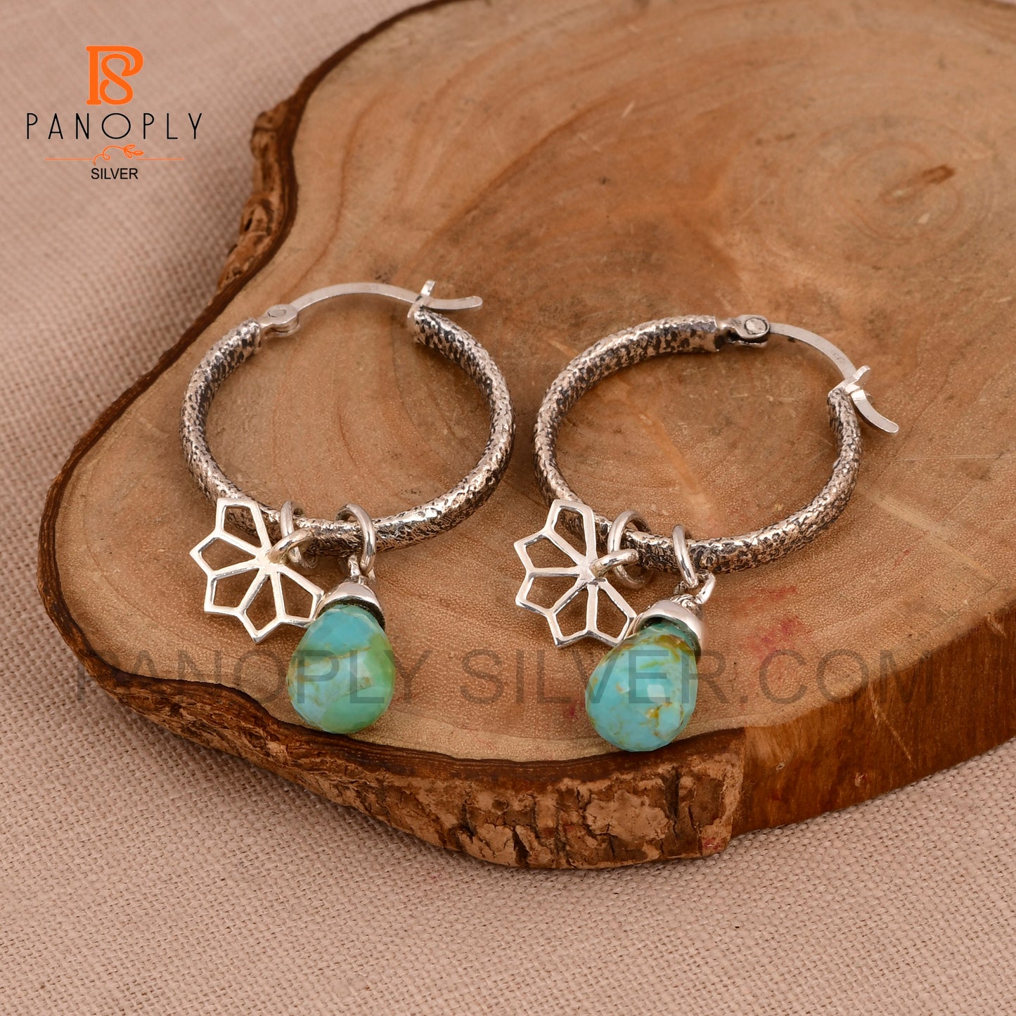 Real Kingman Turquoise 925 Silver Drop with Flower Charm Earring