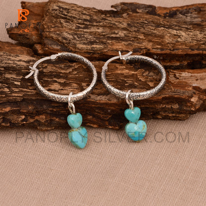 925 Silver Hoop Earrings with Double Heart Turquoise Charm