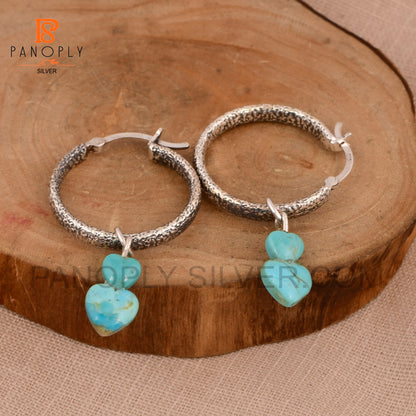 925 Silver Hoop Earrings with Double Heart Turquoise Charm