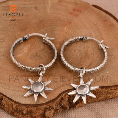 Natural Gemstone 925 Flower Charm Hoop Earrings