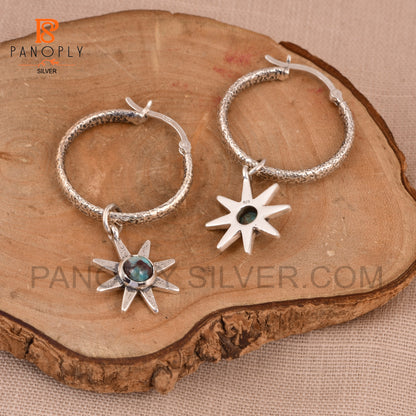 Natural Gemstone 925 Flower Charm Hoop Earrings