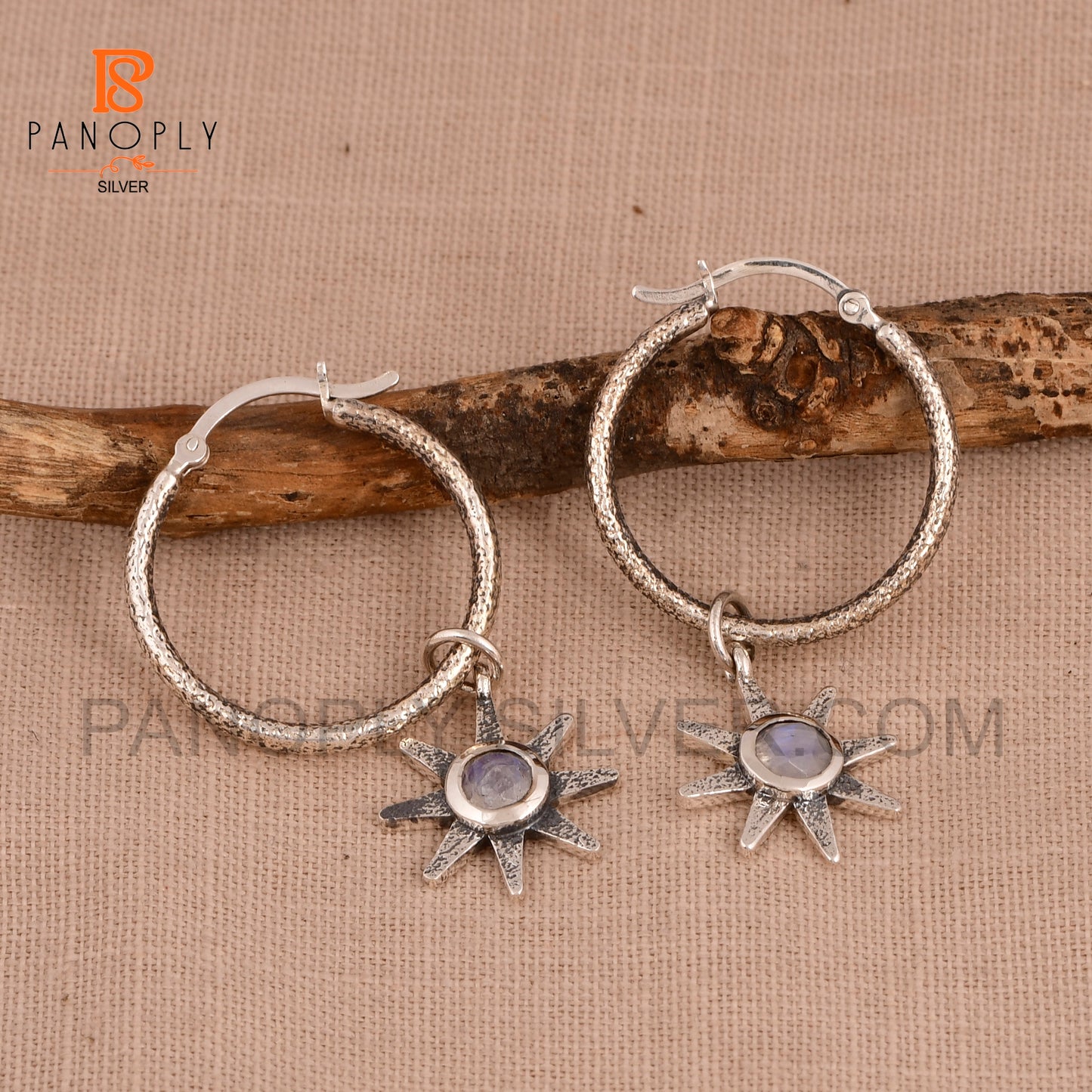 Natural Gemstone 925 Flower Charm Hoop Earrings