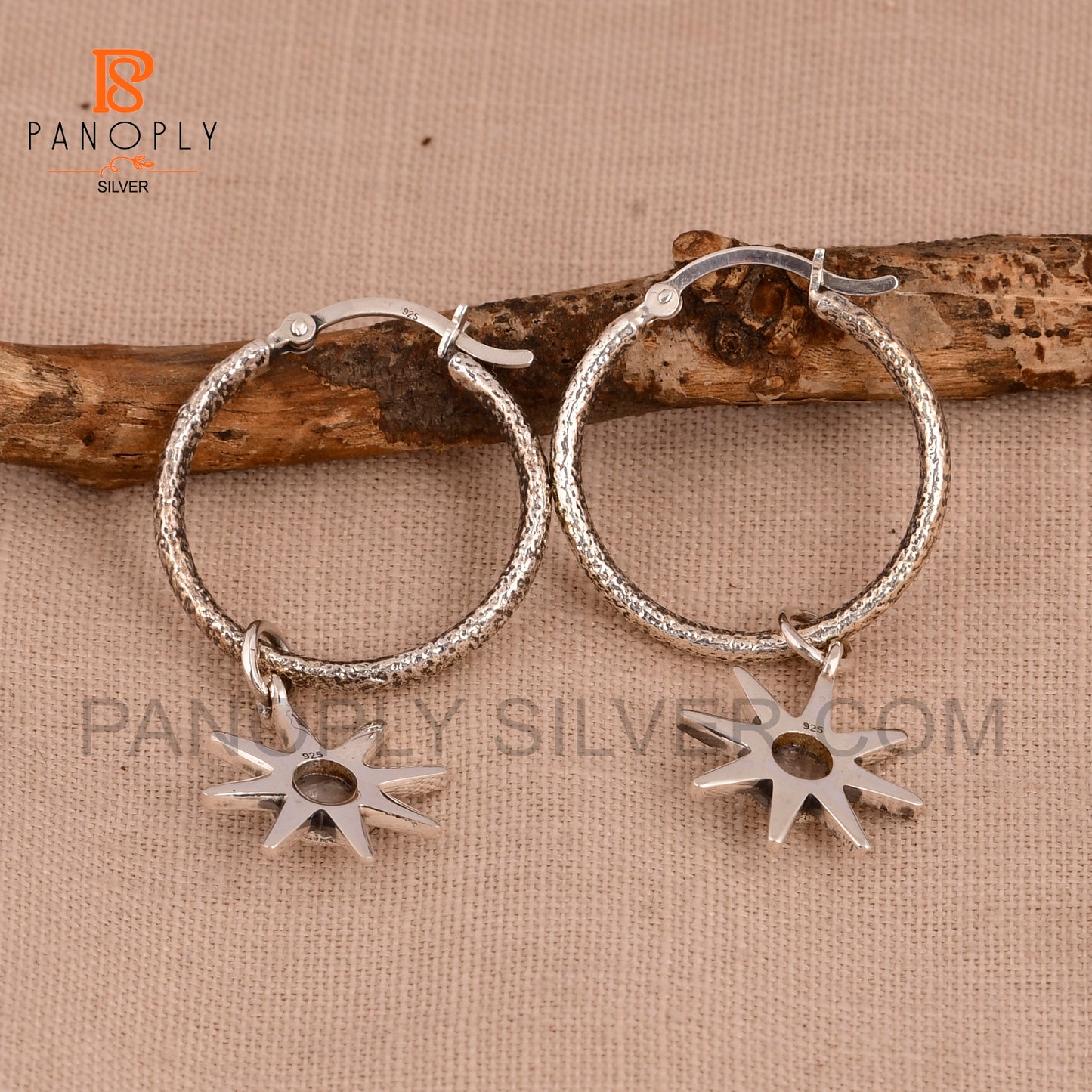 Natural Gemstone 925 Flower Charm Hoop Earrings