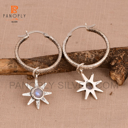 Natural Gemstone 925 Flower Charm Hoop Earrings