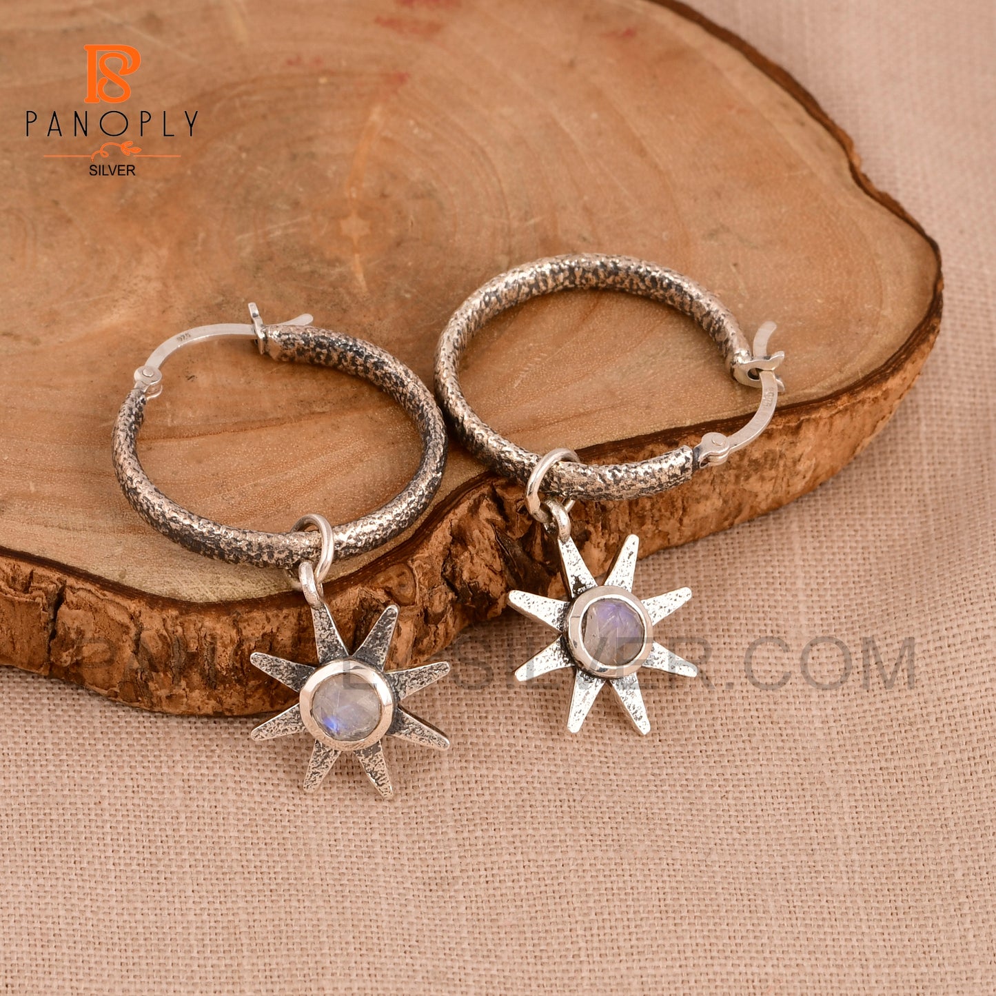 Natural Gemstone 925 Flower Charm Hoop Earrings