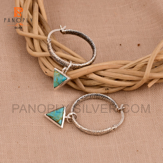 Real Gemstone Turquoise & Moonstone Triangle Hoop Earrings in 925 Silver