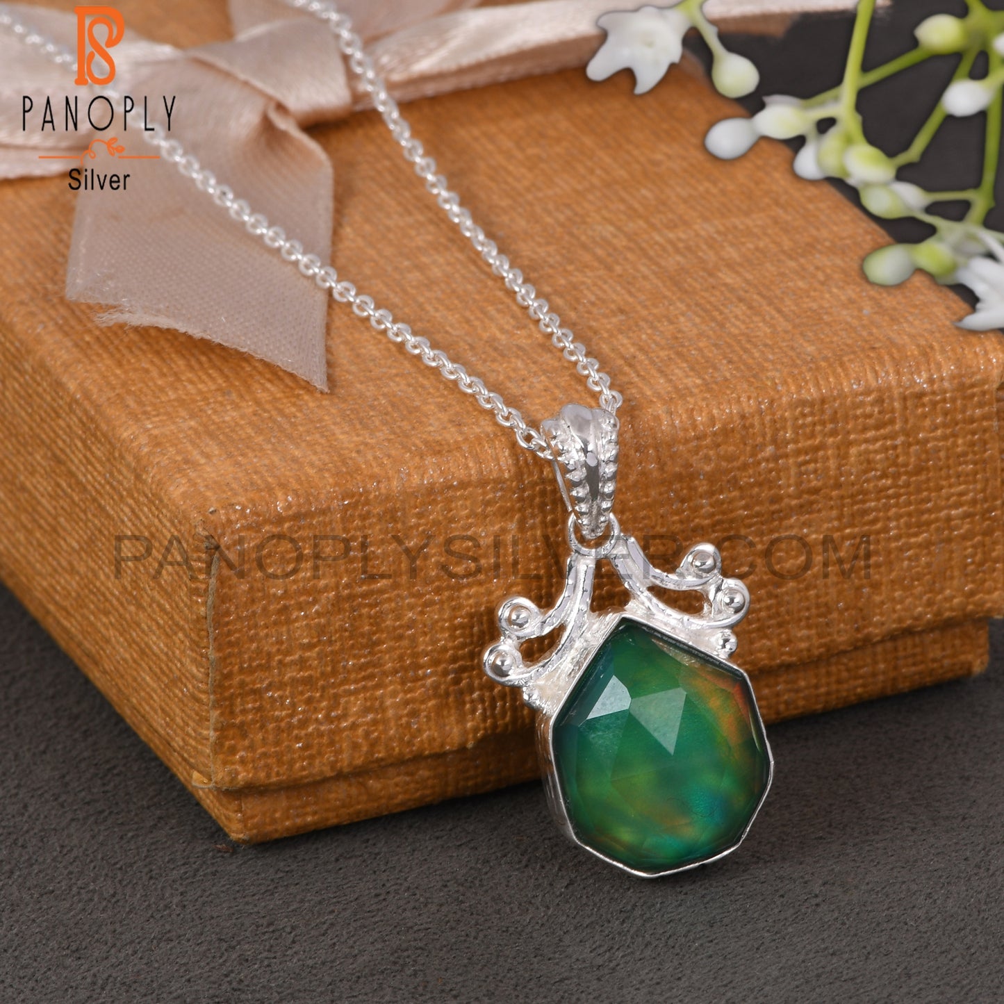 Aurora Opal Green Rough 925 Sterling Silver Pendant