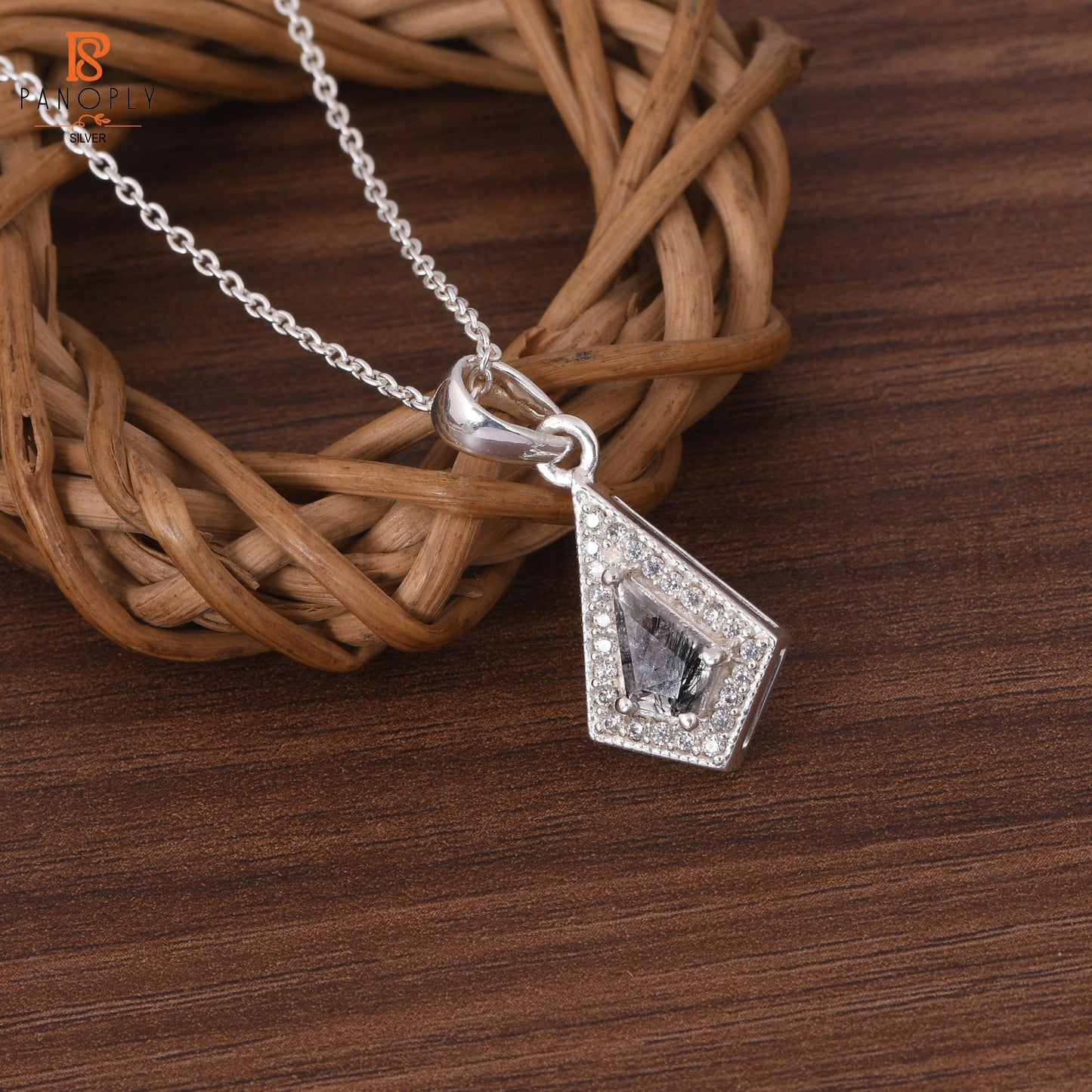 Black Rutile & Cz Kite Shape Stylish Sparkling Pendant