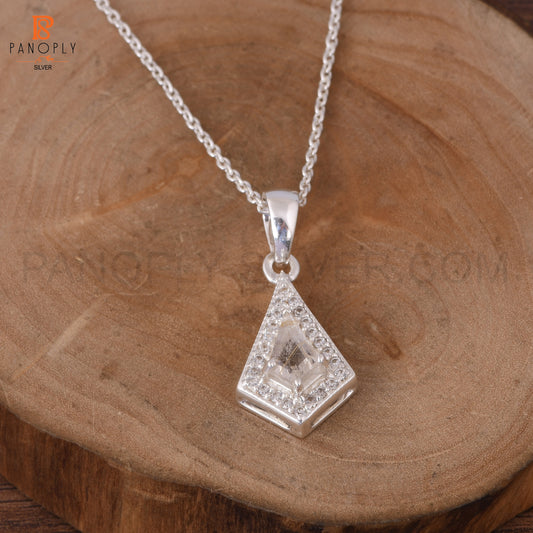 Golden Rutile & Cz 925 Silver Kite Shape Necklace Pendant