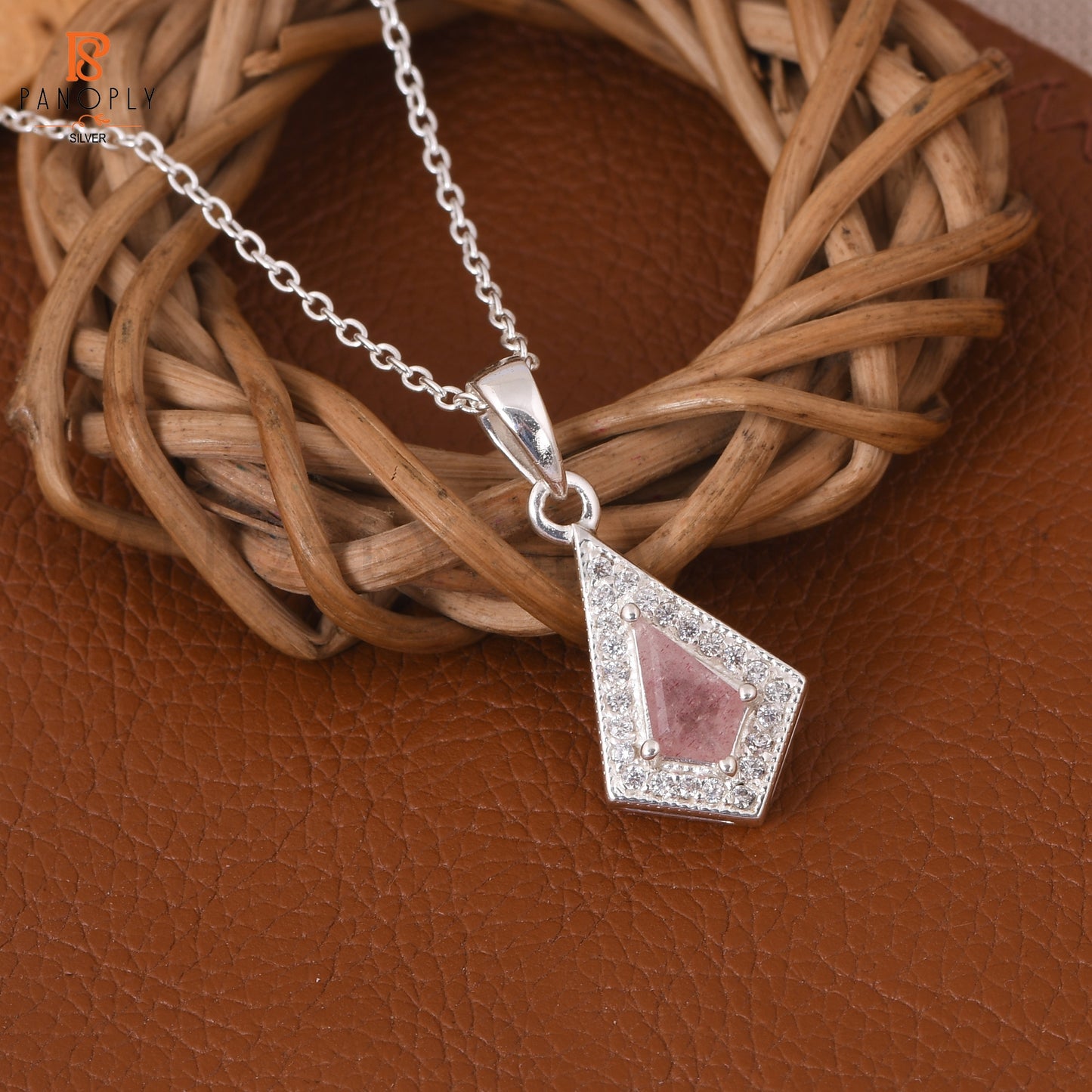 925 Quality Strawberry Quartz & Cz Kite Shape Pendant