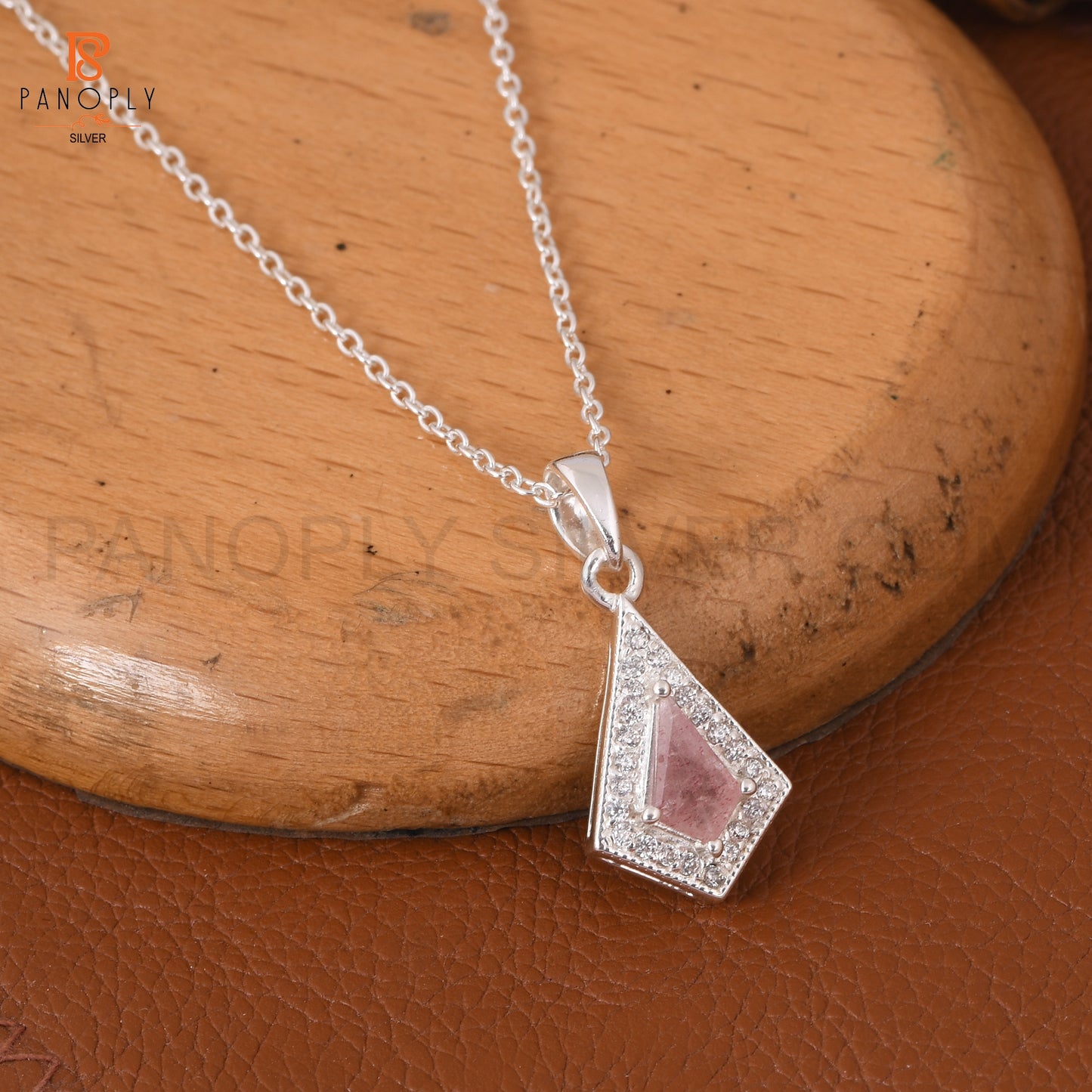 925 Quality Strawberry Quartz & Cz Kite Shape Pendant