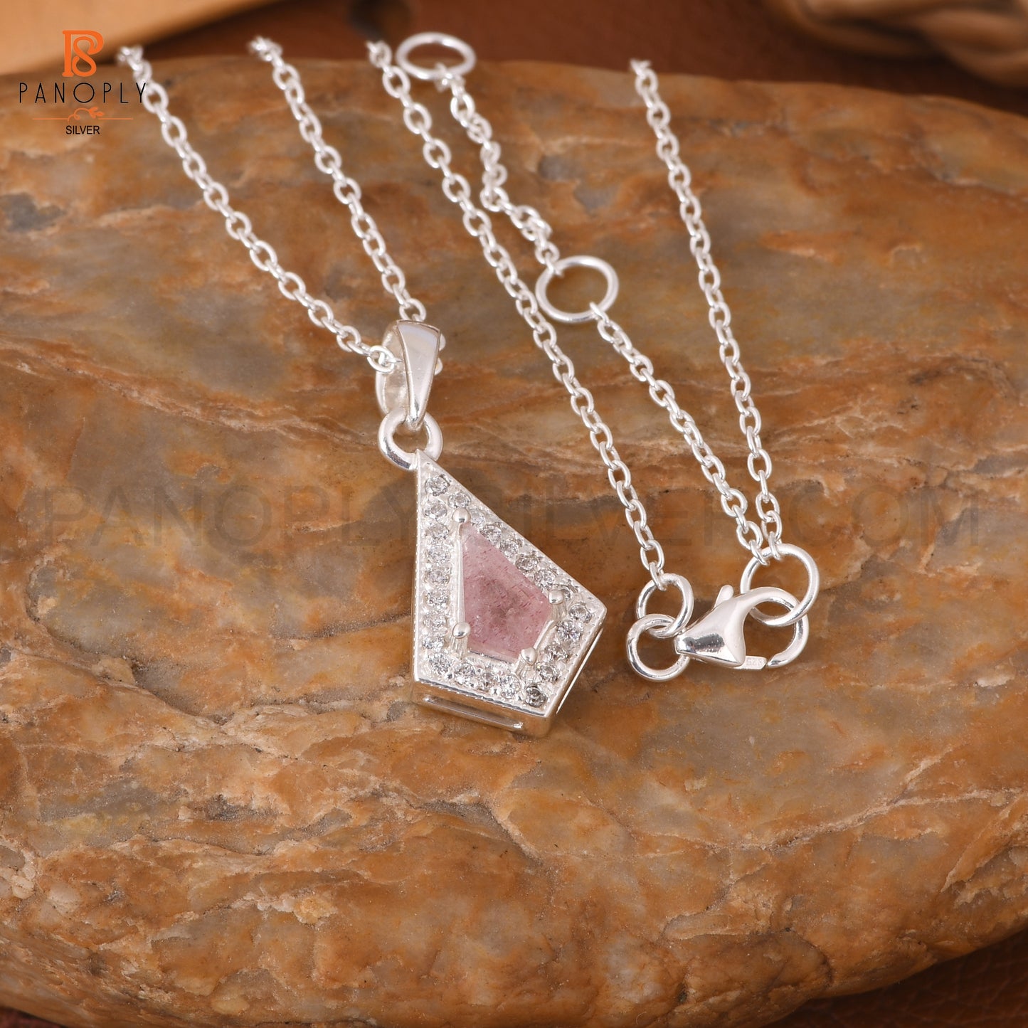 925 Quality Strawberry Quartz & Cz Kite Shape Pendant