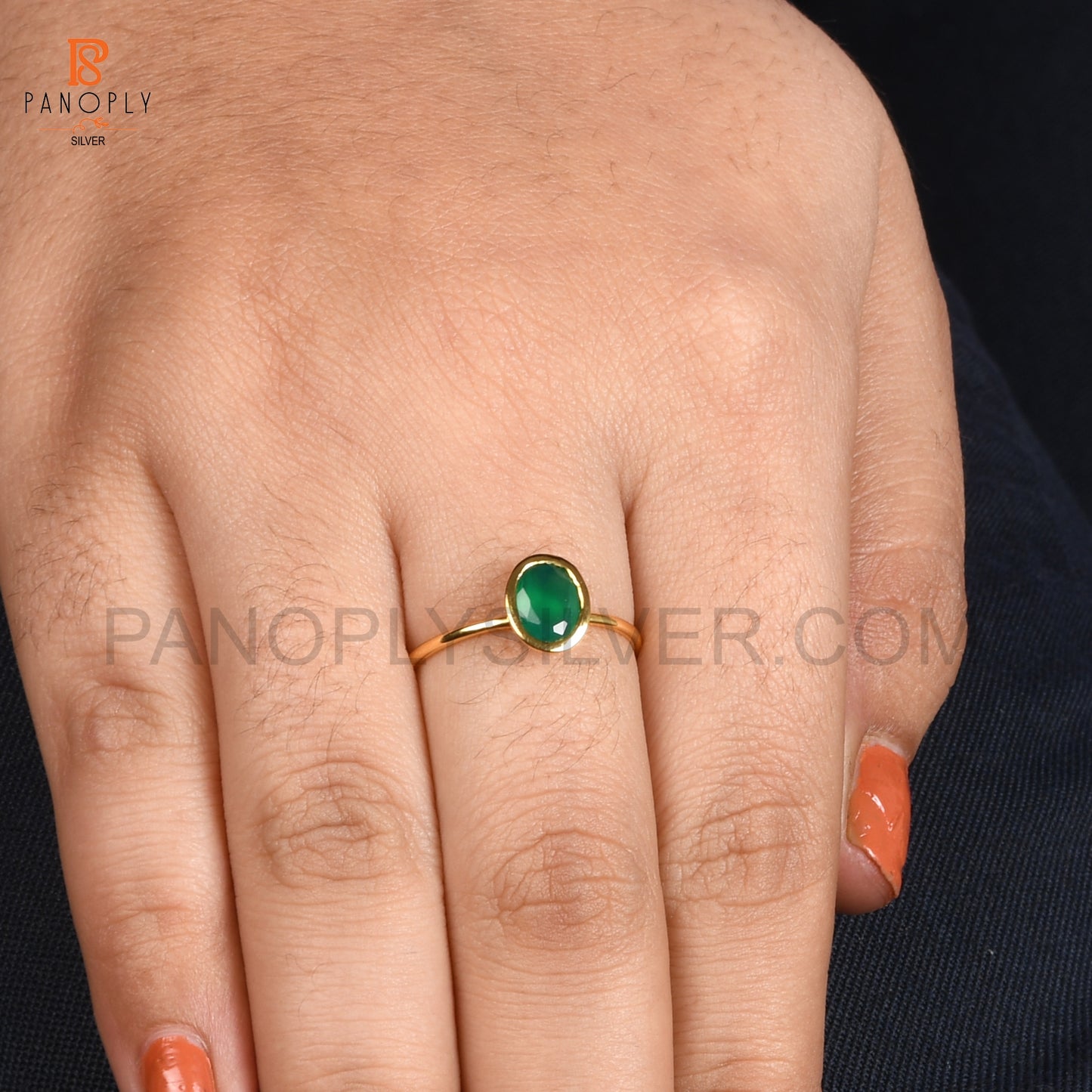 Green Onyx Oval Shape 925 Silver Gold Plated Rings