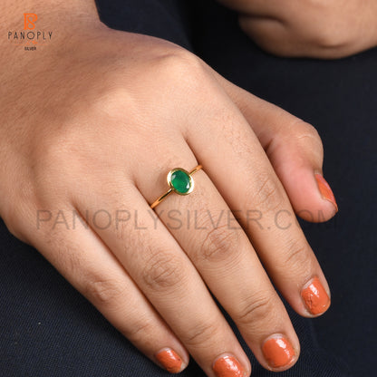 Green Onyx Oval Shape 925 Silver Gold Plated Rings