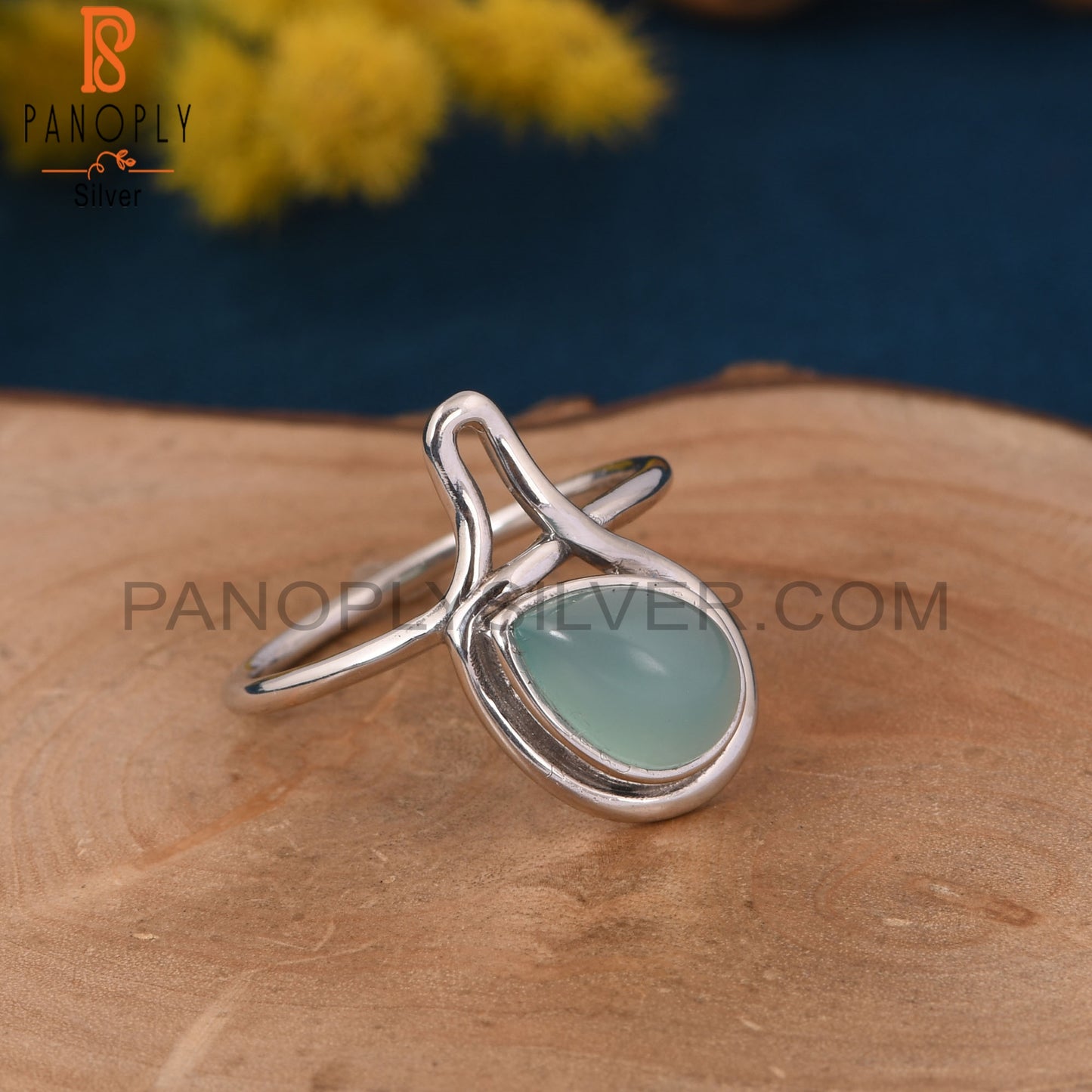 Aqua Chalcedony White Rhodium Plated 925 Silver Drop Ring