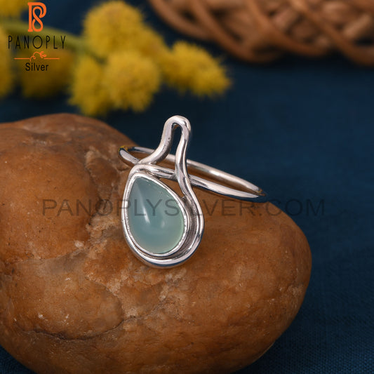 Aqua Chalcedony White Rhodium Plated 925 Silver Drop Ring