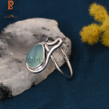 Aqua Chalcedony White Rhodium Plated 925 Silver Drop Ring