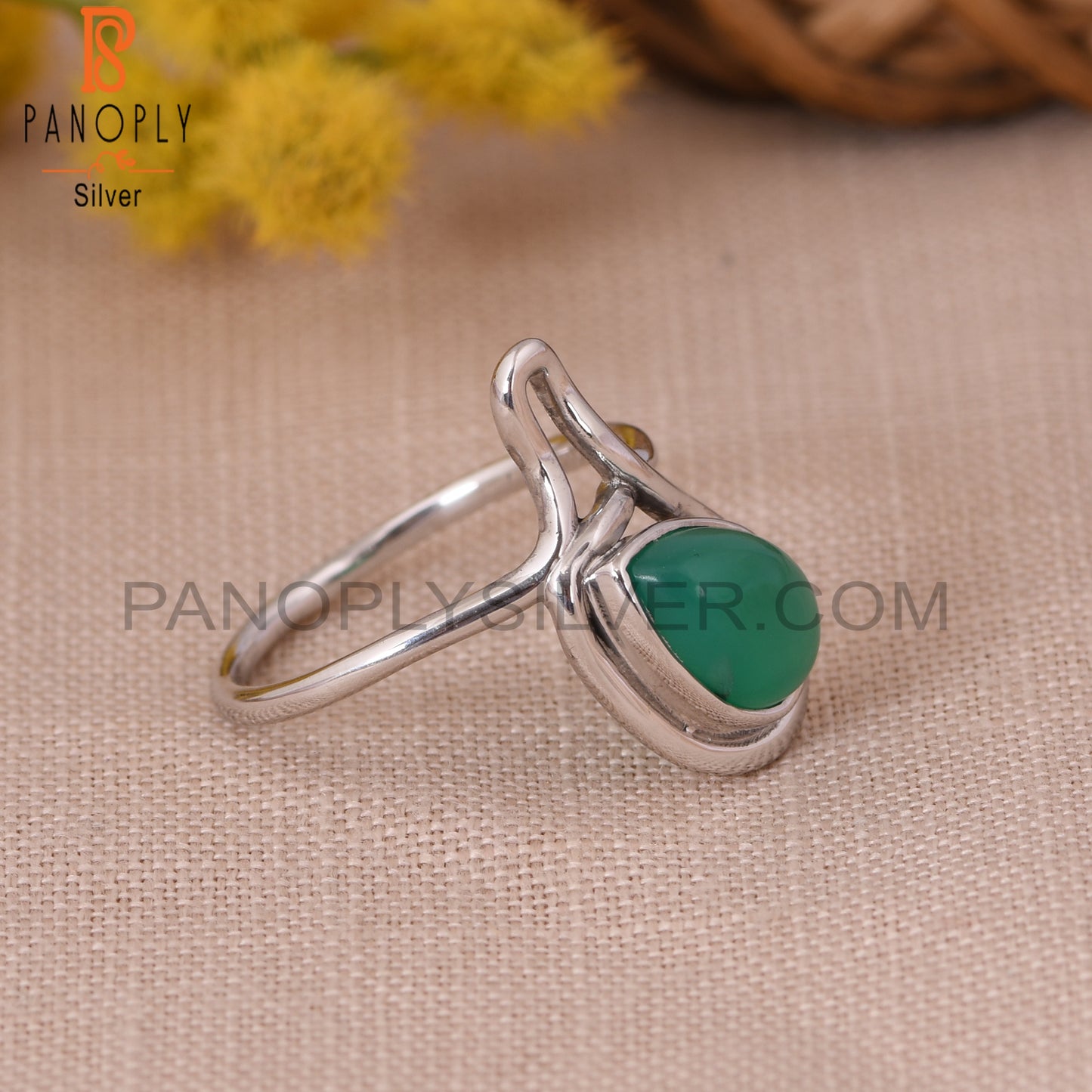 White Plated Green Onyx Gem Ring Jewelry