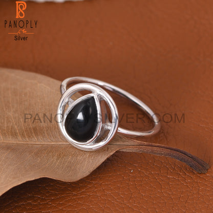 Black Onyx Cabushion Cut Pear Shape 925 Silver Ring