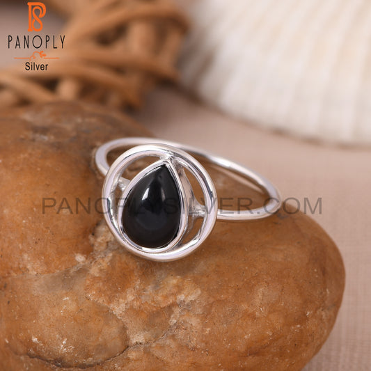 Black Onyx Cabushion Cut Pear Shape 925 Silver Ring