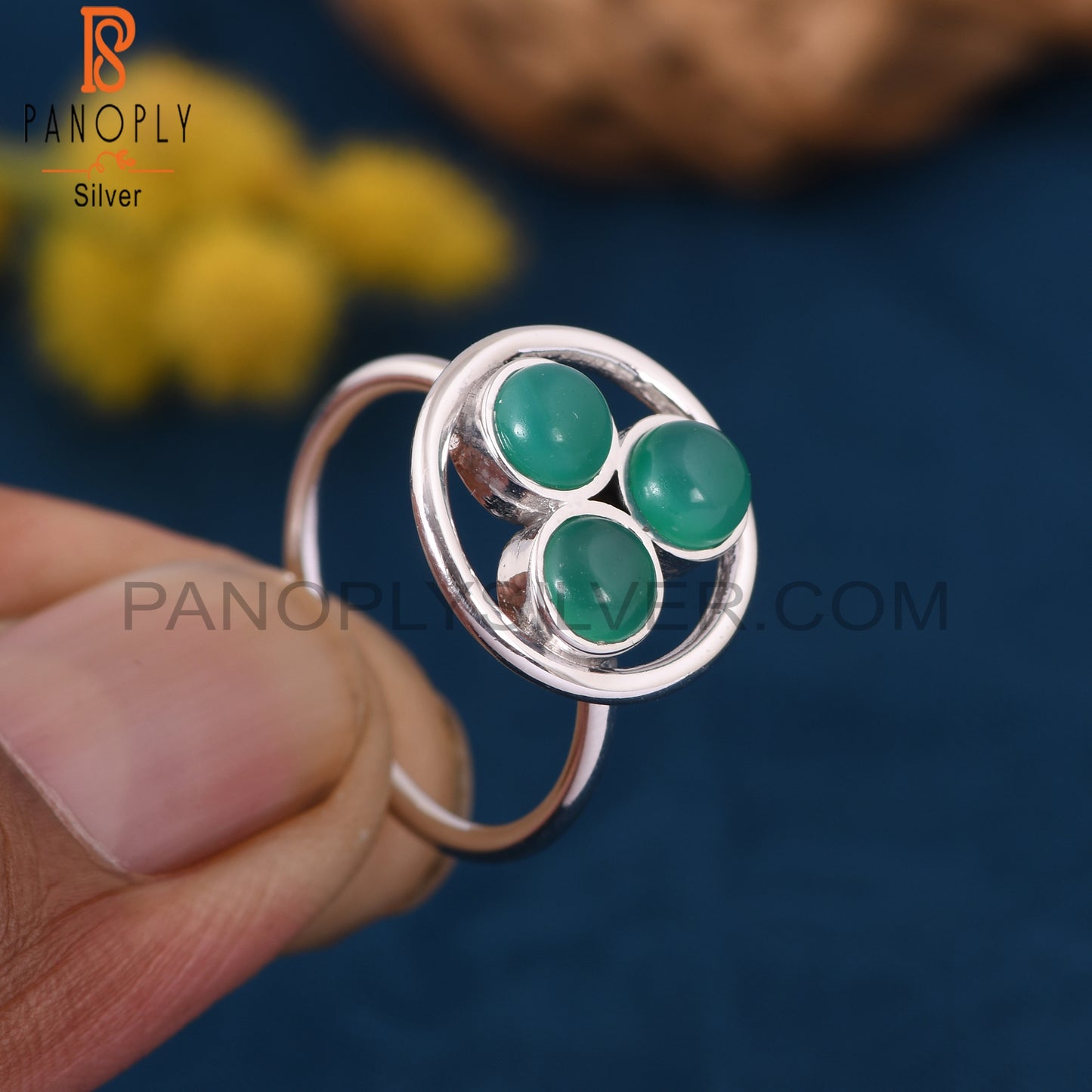 Gemstone Green Onyx 925 Sterling Silver Round Rings