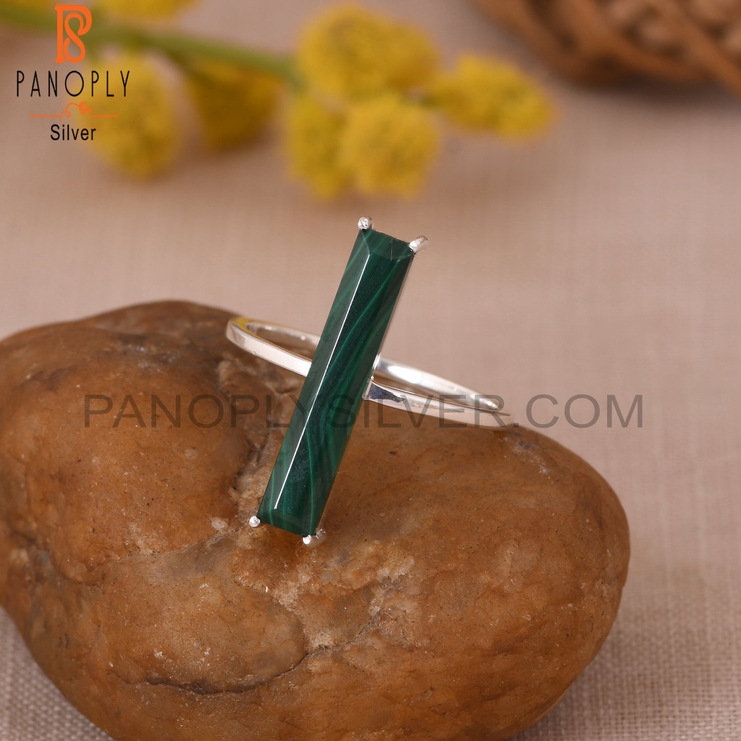 925 Sterling Silver Malachite Rectangle Bar Rings