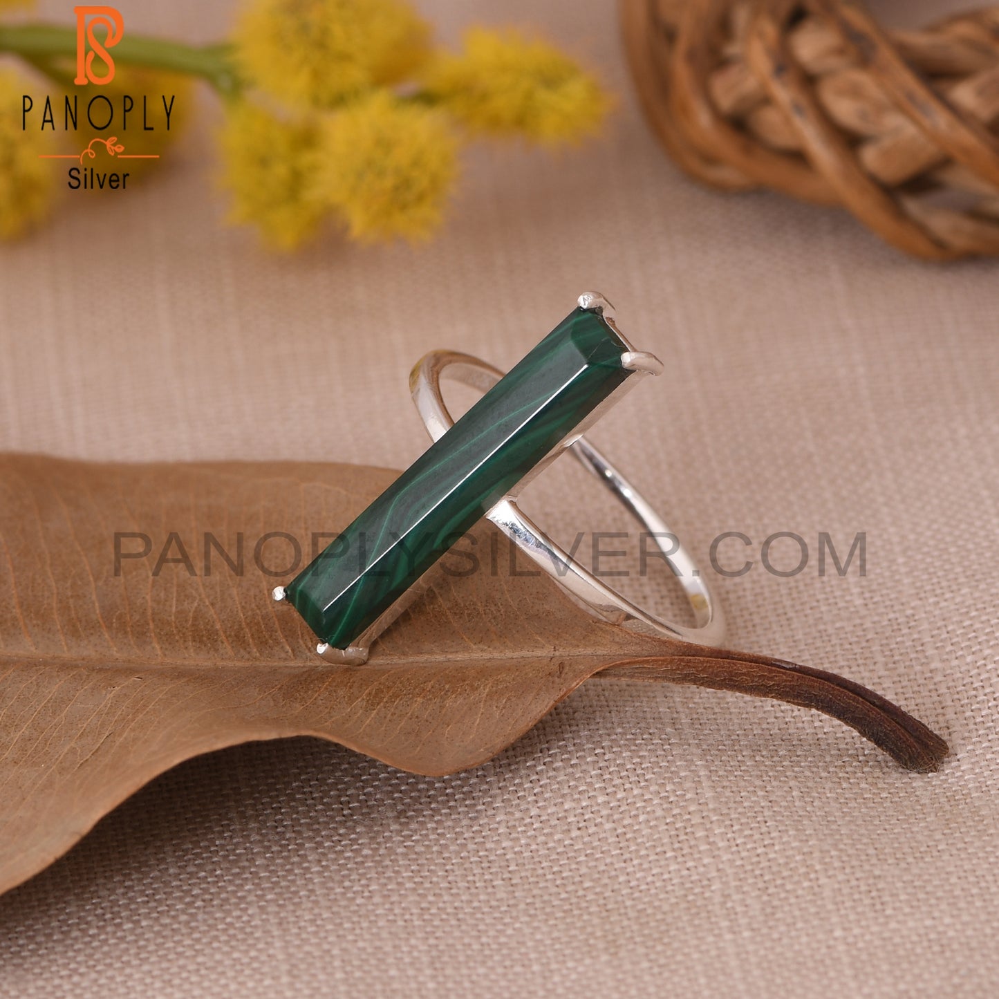 925 Sterling Silver Malachite Rectangle Bar Rings