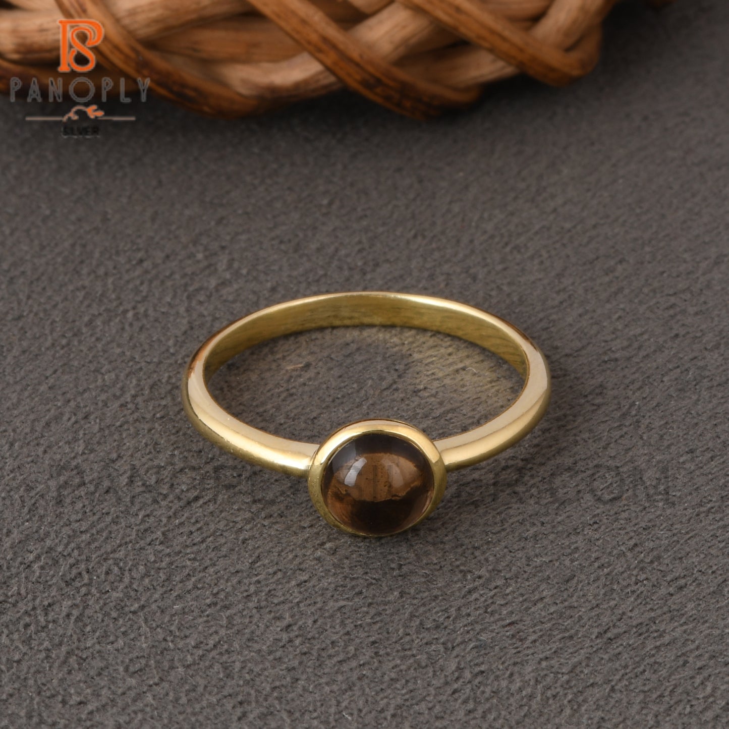 Round Smoky 925 Silver Gold Plated Rings