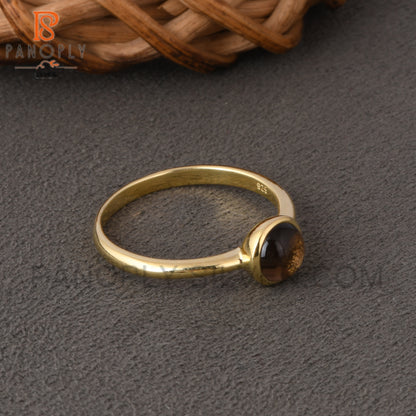 Round Smoky 925 Silver Gold Plated Rings