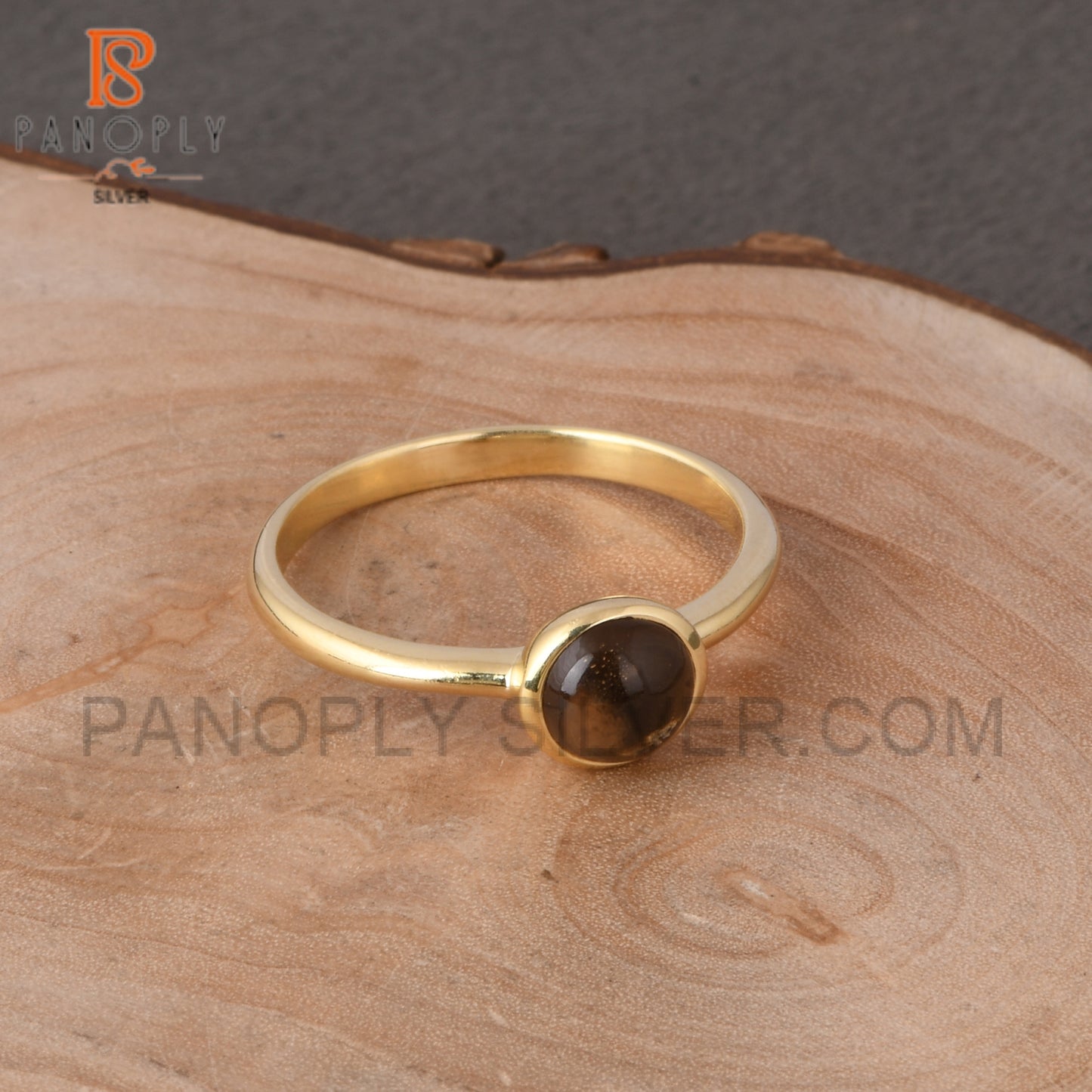 Round Smoky 925 Silver Gold Plated Rings