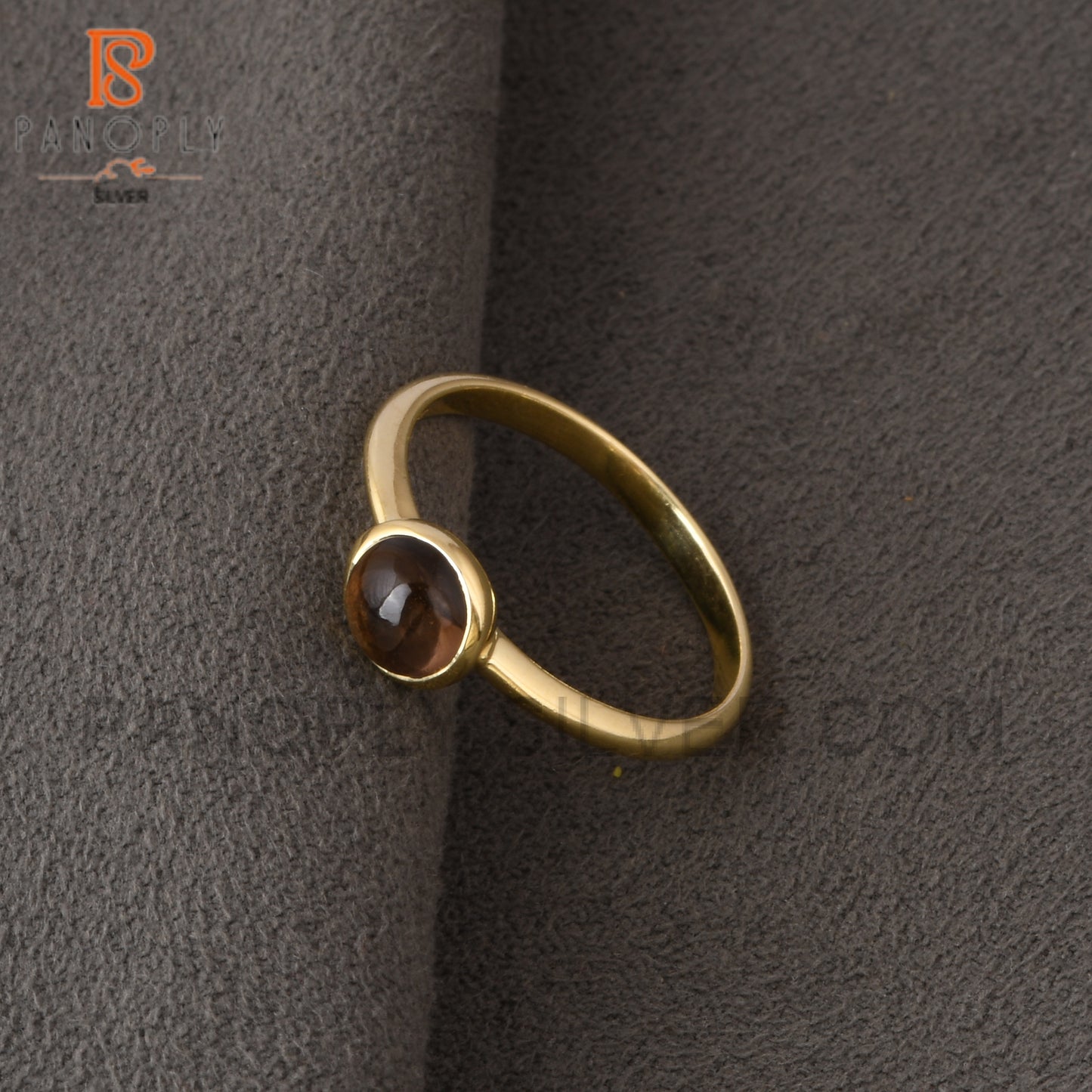 Round Smoky 925 Silver Gold Plated Rings