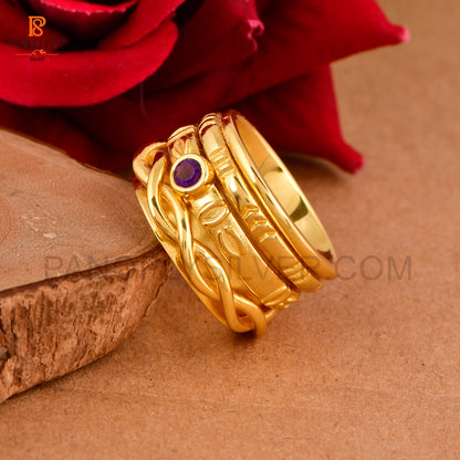 Amethyst 925 Silver Gold Plated Spinner Ring For Women