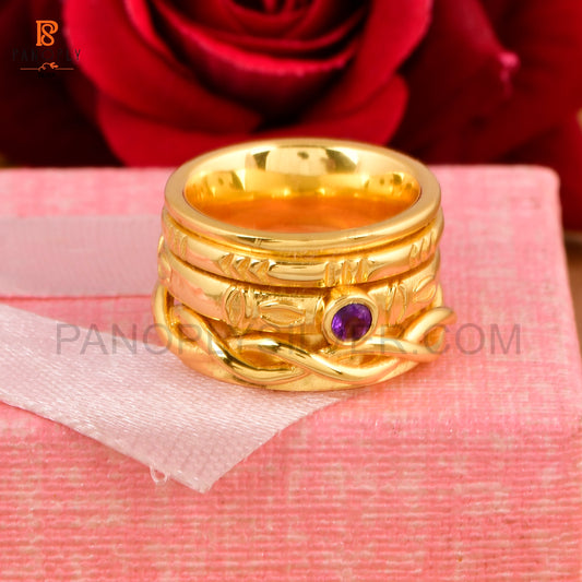 Amethyst 925 Silver Gold Plated Spinner Ring For Women