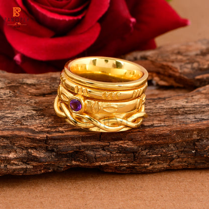 Amethyst 925 Silver Gold Plated Spinner Ring For Women