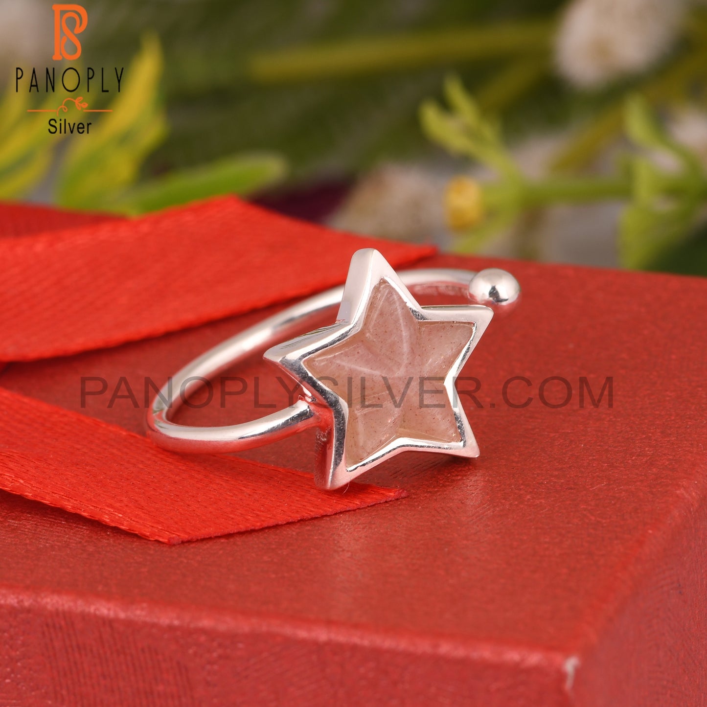 Peach Moonstone Star 925 Sterling Silver Ring