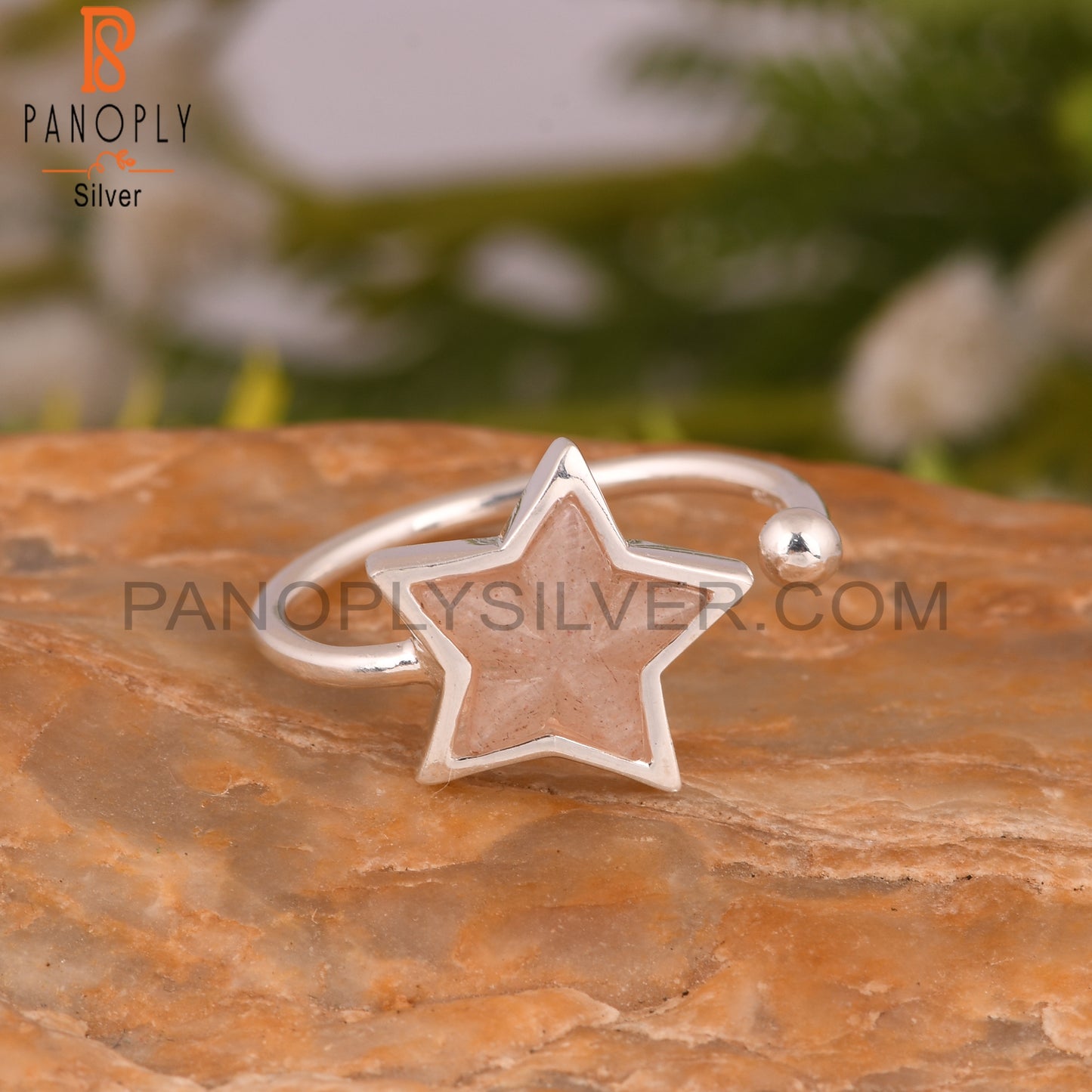 Peach Moonstone Star 925 Sterling Silver Ring