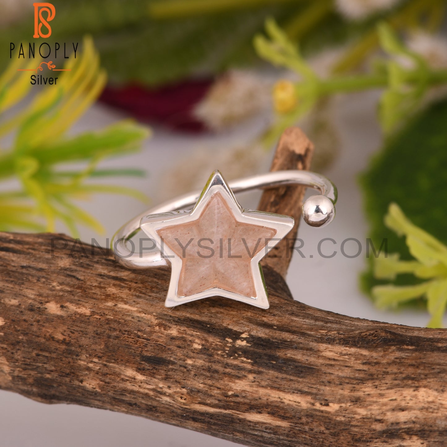 Peach Moonstone Star 925 Sterling Silver Ring