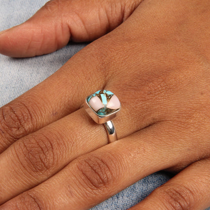 Mojave Copper Pink Opal Turquoise Cushion 925 Silver Ring