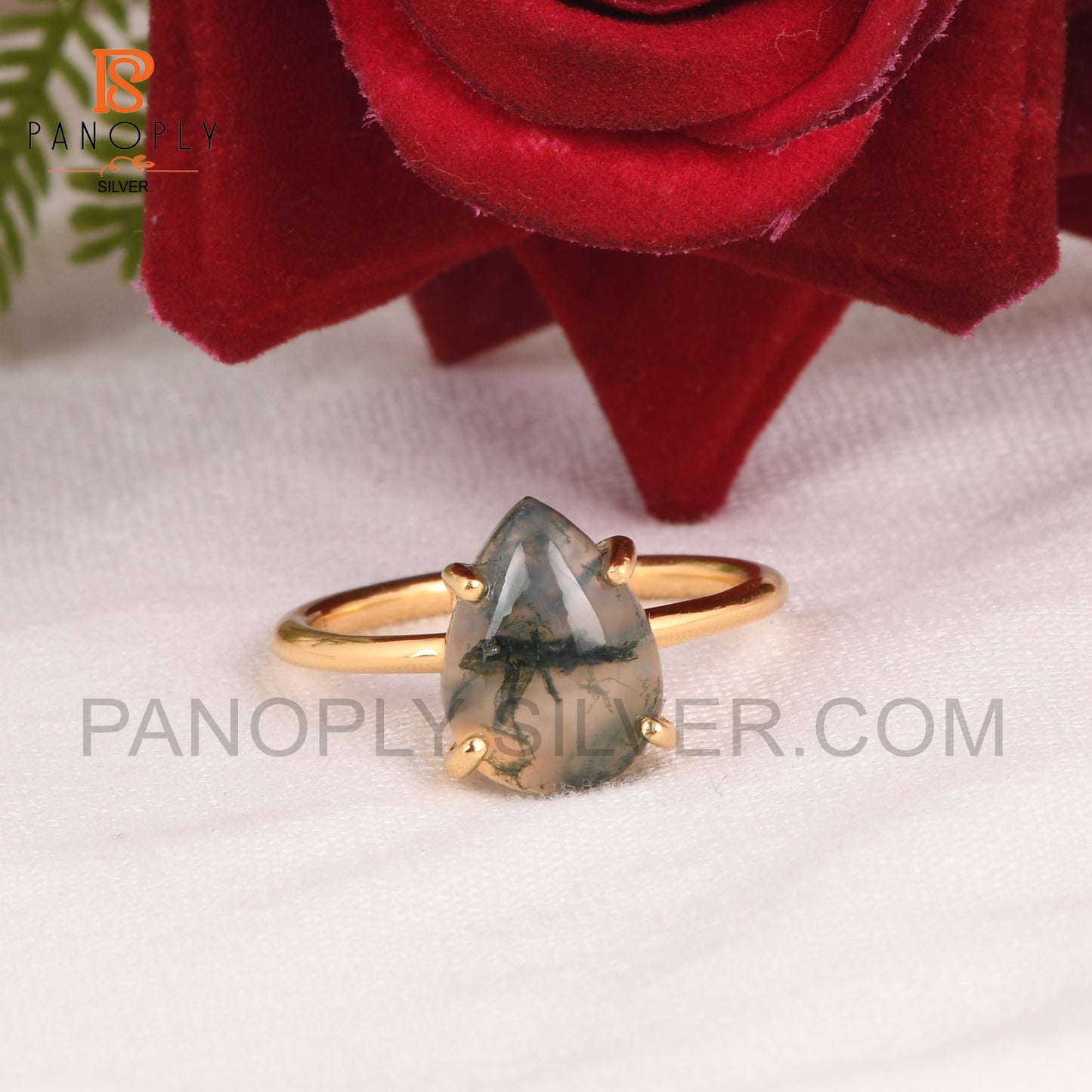 Moss Agate Pear 925 Silver Gold Plated Rings