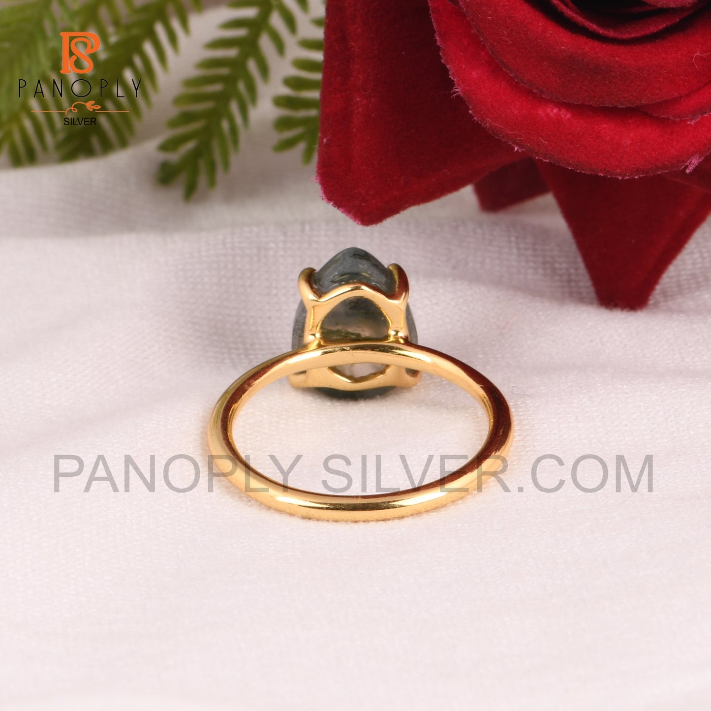 Moss Agate Pear 925 Silver Gold Plated Rings