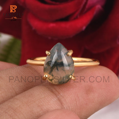 Moss Agate Pear 925 Silver Gold Plated Rings