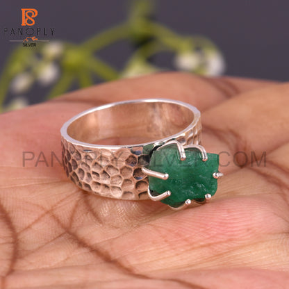 925 Silver Raw Gemstone Emerald Hammered Texture Ring