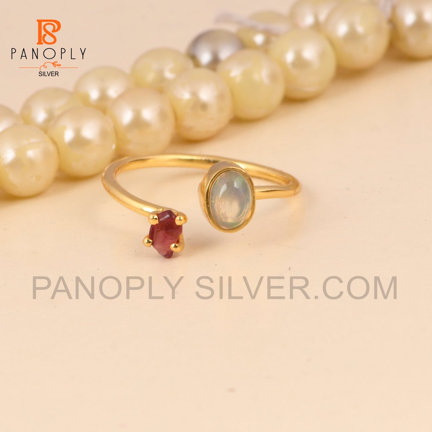 Ethiopian Opal, Spinel Ruby Gem Adjustable Gold Ring 925 Silver