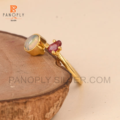 Ethiopian Opal, Spinel Ruby Gem Adjustable Gold Ring 925 Silver